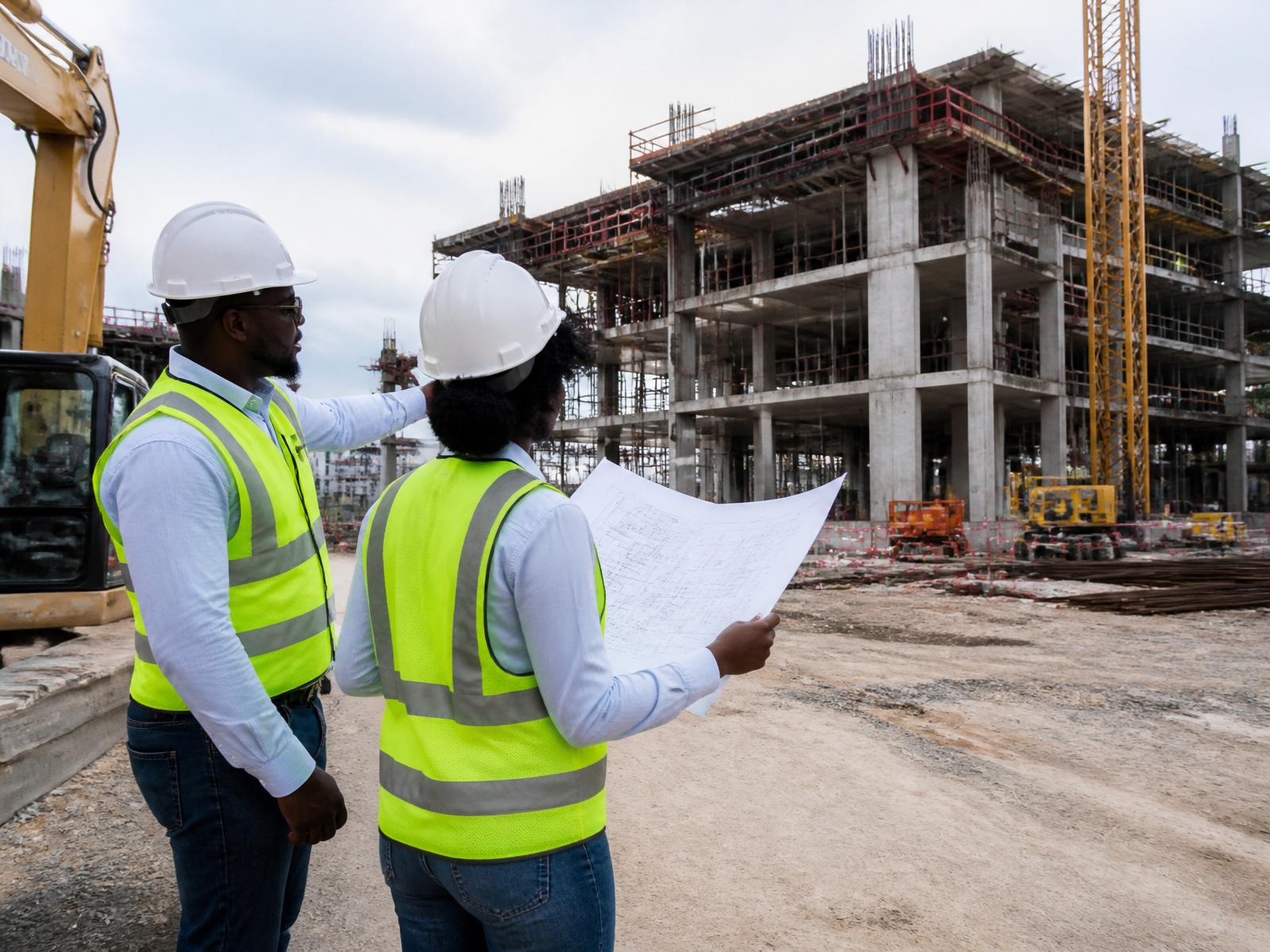 Seacorals engineers reviewing blueprints on an active commercial construction site in Nigeria